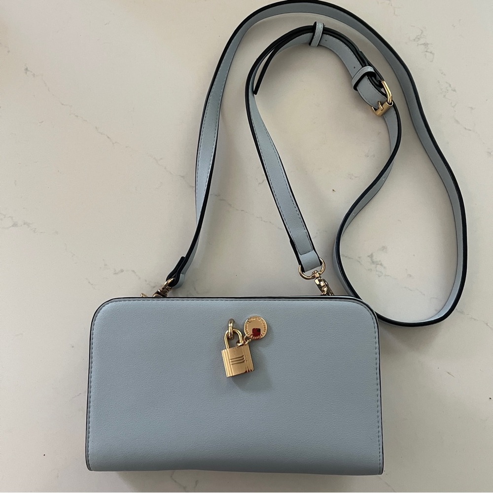 Poppy & Peonies Light Blue Crossbody Bag with Gold Lock Charm
